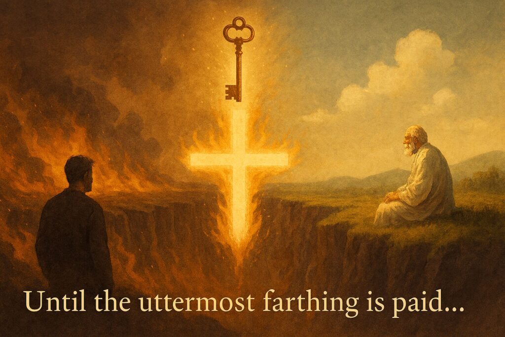 “Visual echo from Luke 16:26—Christ bridging the Great Gulf, now fulfilled in Revelation’s restoration.”