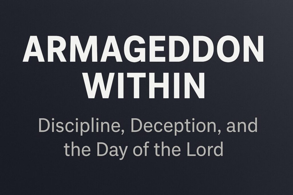 “Banner image with a stormy sky and dark clouds parted by light breaking through. A faint silhouette of a large fishing hook emerges in the foreground, symbolizing the ‘hook in the jaw’ imagery from Ezekiel 38–39. The title text ‘Armageddon Within’ appears prominently in bold white letters, with the subtitle ‘Discipline, Deception, and the Day of the Lord’ beneath it.”