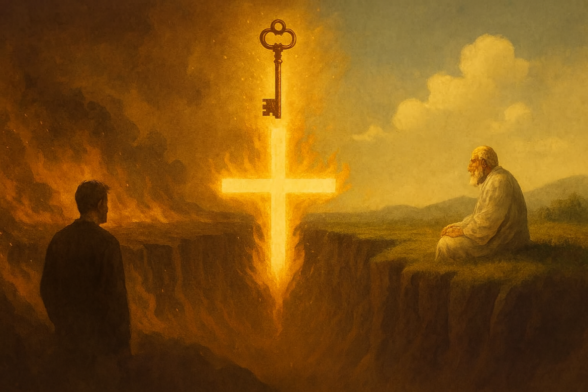 Glowing cross with key above, dramatic sky, two kneeling figures—showing faith collapse, delusion, and God’s covenant work to restore the believer.