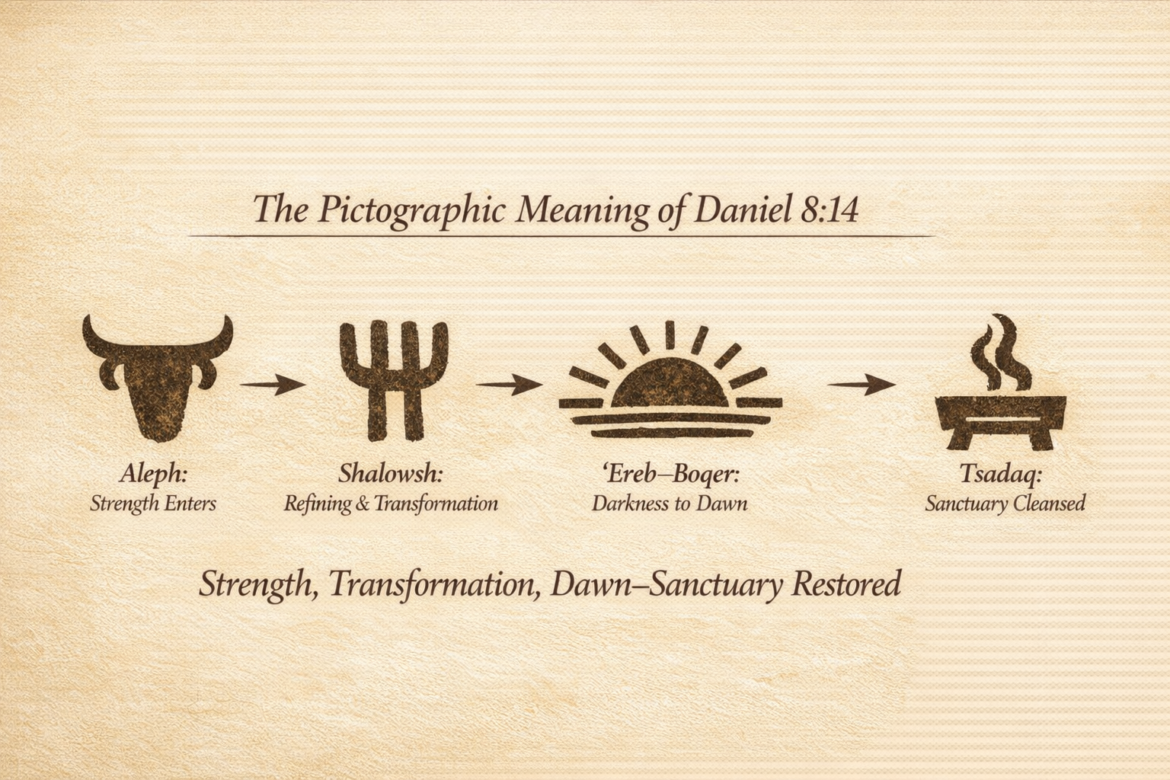 Horizontal pictograph timeline illustrating Daniel 8:14: an Aleph ox‑head symbol for strength entering, a Shalowsh symbol for refining transformation, a rising‑sun ‘Ereb–Boqer symbol for darkness turning to dawn, and a Tsadaq altar symbol for the sanctuary being cleansed, all connected left‑to‑right with arrows.