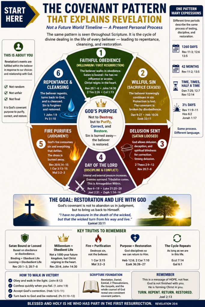 Infographic titled “The Covenant Pattern That Explains Revelation,” showing a circular cycle of six stages—faithful obedience (Millennium), willful sin, delusion (Satan loosed), Day of the Lord (discipline), purifying fire (judgment), and repentance and cleansing—illustrating Revelation as a present, repeating process within the believer rather than a future global timeline.