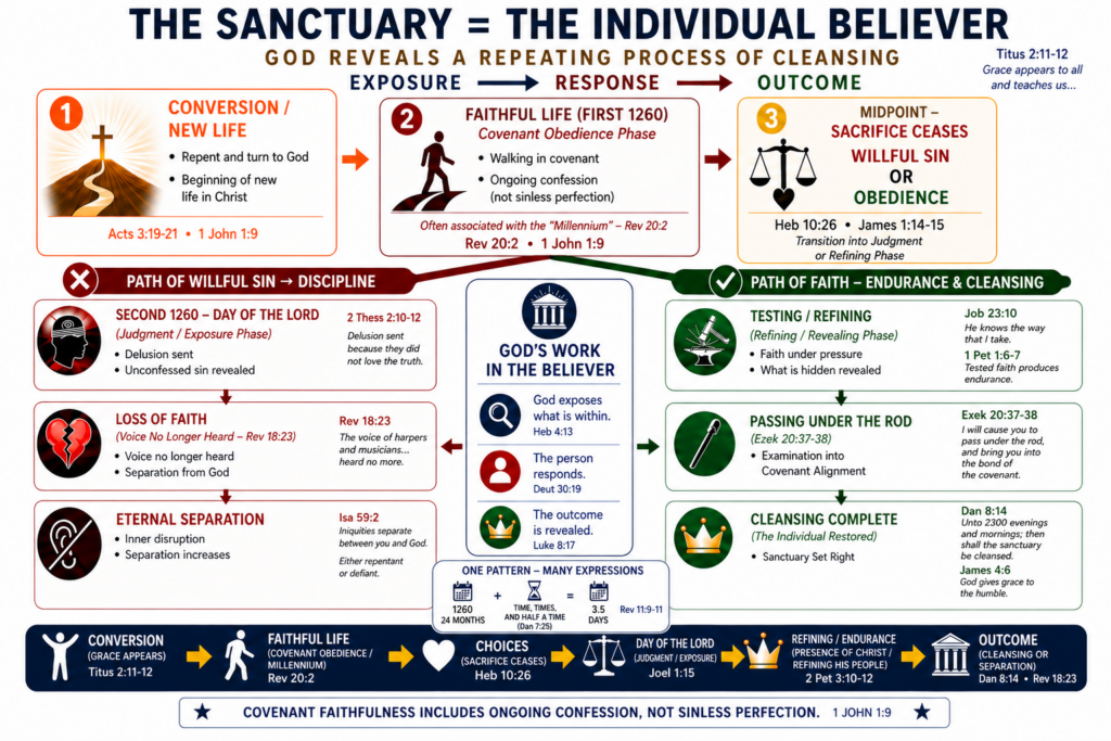 Infographic titled “The Sanctuary = The Individual Believer” showing a spiritual process of conversion, faithful living, choice, and outcome, with two paths (faith vs. rejection). Includes a “One Pattern – Many Expressions” box highlighting 1260 days (24 months), time, times and half a time, and 3.5 days (Rev 11:9–11).