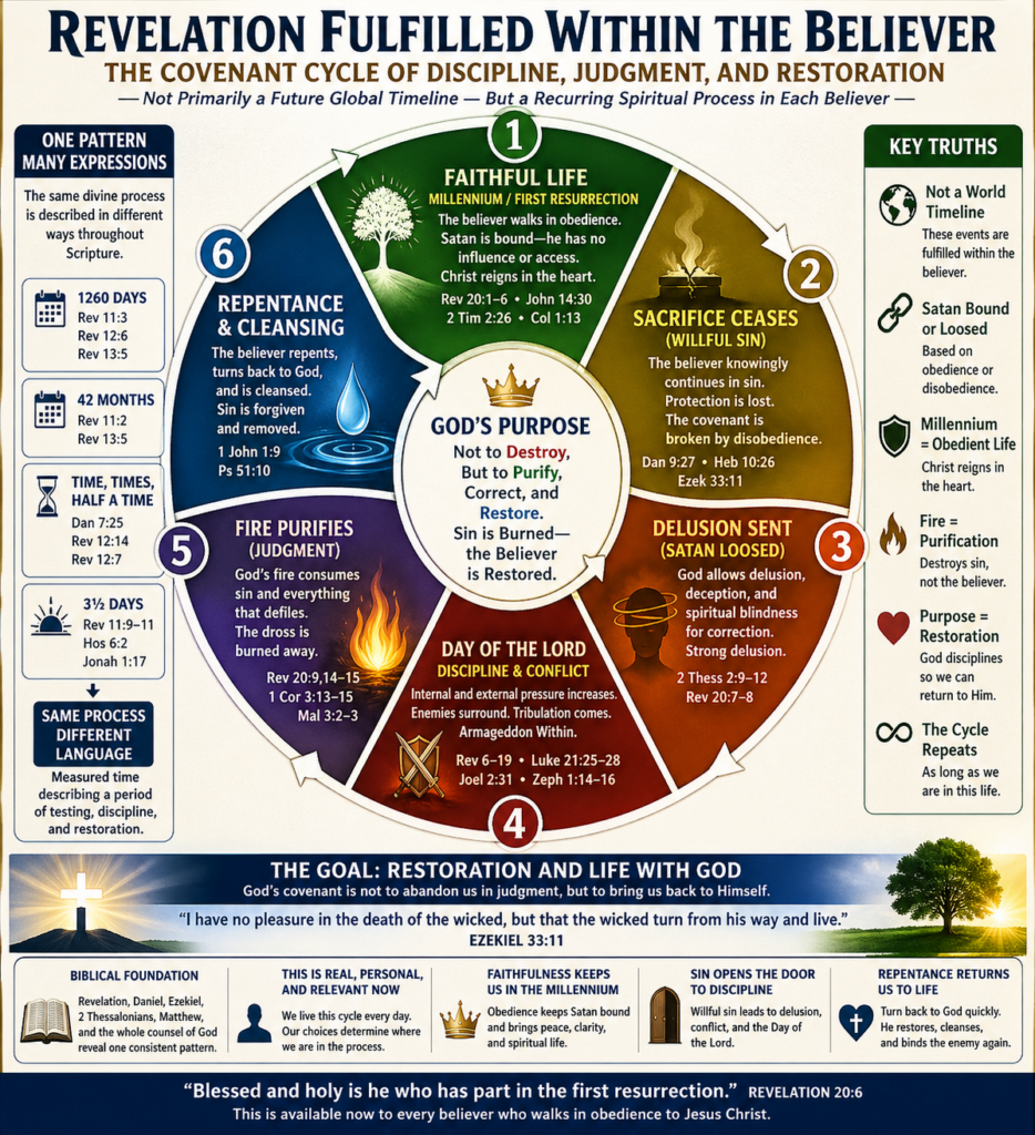 Infographic showing a circular “Covenant Cycle” where Revelation is fulfilled within the believer, illustrating stages of faithful obedience (Millennium), willful sin, delusion, discipline (Day of the Lord), purifying fire, repentance, and restoration, alongside prophetic time expressions like 1260 days, 42 months, and 3.5 days.