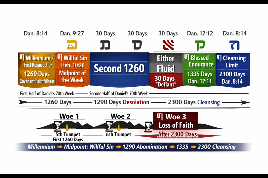 Timeline chart illustrating prophetic periods from Daniel’s 70th Week. It shows sequential colored sections labeled “Millennium / First Resurrection 1260 Days,” “Willful Sin Midpoint,” “Second 1260,” “Either Fluid 30 Days,” “Either Hardening 30 Days ‘Defiant,’” “Blessed Endurance 1335 Days,” and “Cleansing Limit 2300 Days.” Below are three “Woe” events and a bottom bar summarizing the progression: “Millennium → Midpoint: Willful Sin → 1290 Abomination → 1335 → 2300 Cleansing.
