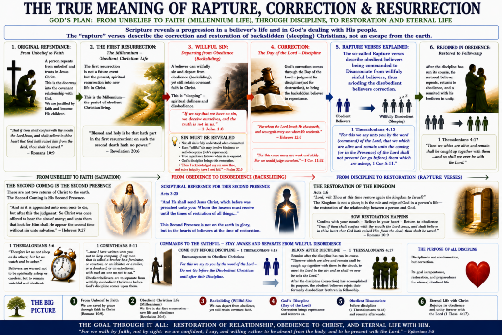 Infographic titled “The True Meaning of Rapture, Correction & Resurrection” showing a six-step biblical progression from repentance to restoration, emphasizing discipline and the correction of backslidden believers rather than escape from earth.
