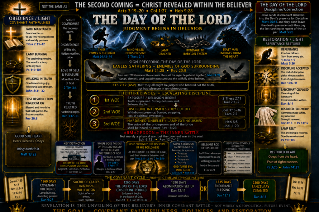 Detailed prophetic infographic titled “The Day of the Lord” depicting the believer’s inner covenant battle through stages of delusion, discipline, repentance, endurance, and sanctuary cleansing, with interconnected biblical references and symbolic imagery.