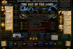 Detailed prophetic infographic titled “The Day of the Lord” depicting the believer’s inner covenant battle through stages of delusion, discipline, repentance, endurance, and sanctuary cleansing, with interconnected biblical references and symbolic imagery.