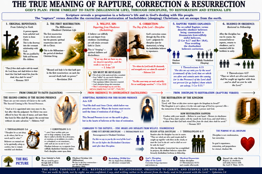 Infographic titled “The True Meaning of Rapture, Correction & Resurrection” showing a six-step biblical progression from repentance to restoration, emphasizing discipline and the correction of backslidden believers rather than escape from earth.