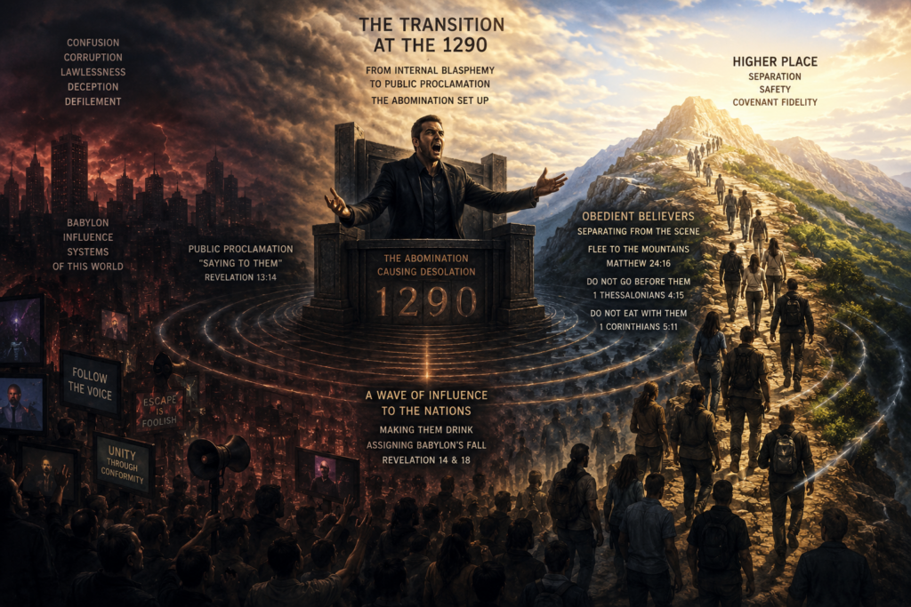 Infographic of the second half of Daniel’s 70th week showing the 1260 days of willful sin and personal blasphemy after the sacrifice ceases, leading to the 1290 day abomination point where hardening occurs and Jesus’ call to separate becomes applicable—Christians are not told to seperate before the 1290 day point, not during ordinary willful sin.