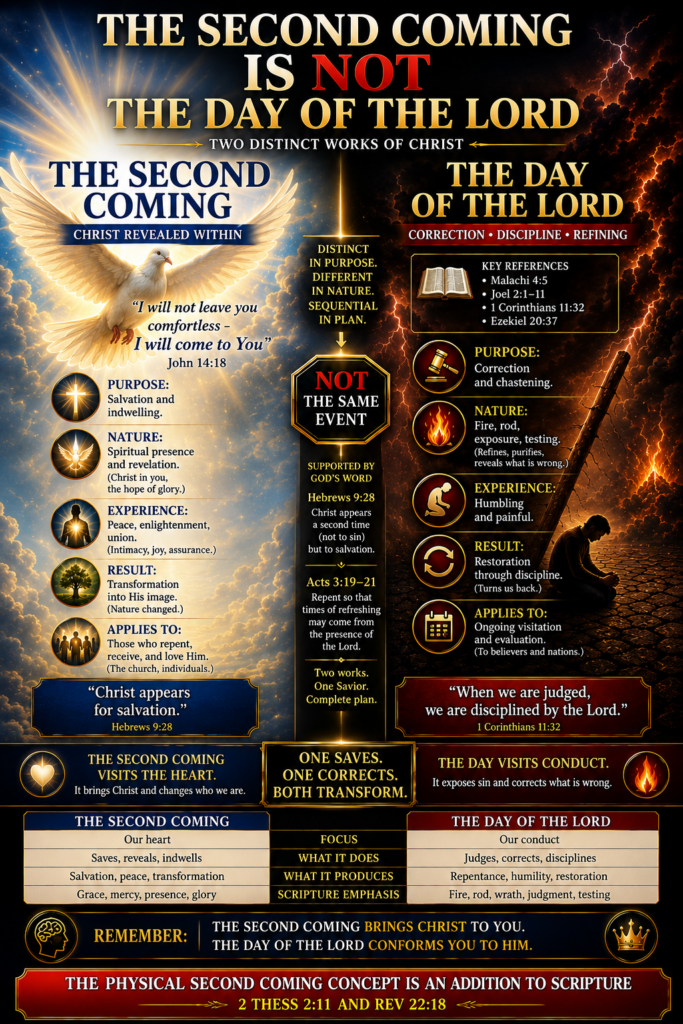 Infographic contrasting “The Second Coming” and “The Day of the Lord,” showing two distinct works of Christ through opposing imagery of heavenly light and refining judgment, featuring a descending dove, Scripture references, and comparative doctrinal themes.
