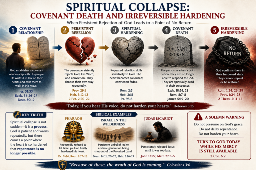 Infographic titled “Spiritual Collapse: Covenant Death and Irreversible Hardening” showing a five-stage progression from covenant relationship with God to persistent rebellion, spiritual hardening, covenant death, and irreversible hardening, with Bible references, symbolic imagery, and warnings to repent before the heart becomes permanently hardened.