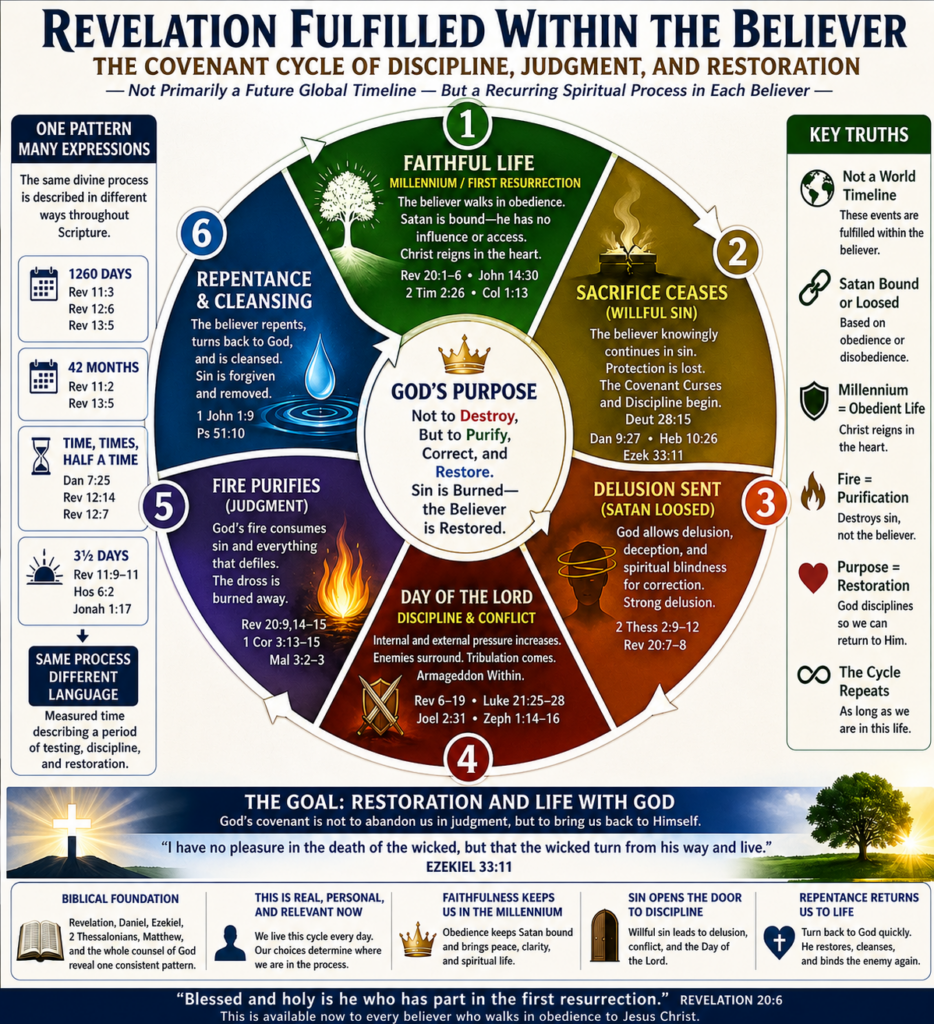 Infographic titled “Revelation Fulfilled Within the Believer” showing a six-stage circular covenant cycle: faithful life, willful sin, delusion, discipline, purification, and repentance. The diagram emphasizes God’s purpose to purify, correct, and restore, with step two updated to read “The Covenant Curses and Discipline begin (Deut 28:15).