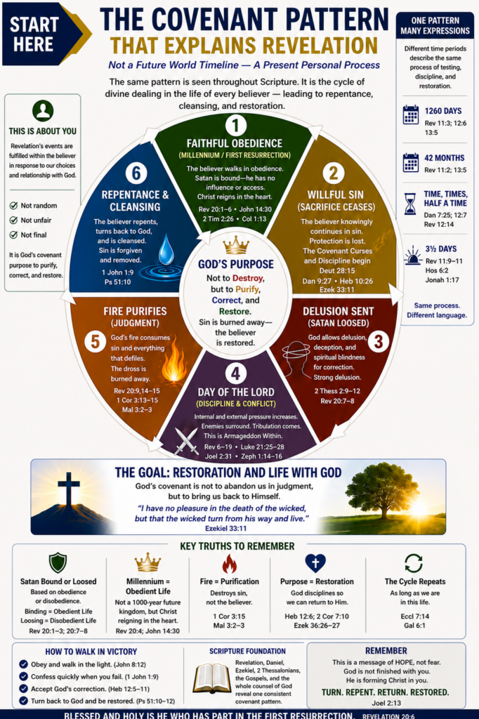 Christian infographic titled “The Covenant Pattern That Explains Revelation” showing a six-stage spiritual cycle: faithful obedience, willful sin, delusion, discipline, purification, and repentance. Step two includes the updated text “The Covenant Curses and Discipline begin (Deut 28:15),” emphasizing God’s process of correction and restoration in the believer.