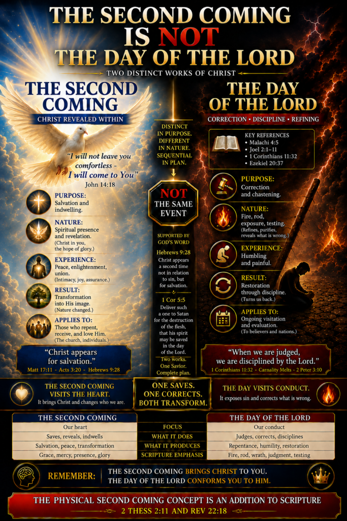 A dramatic split-panel theological infographic titled “The Second Coming Is Not the Day of the Lord.” The left side glows with radiant gold and blue light, featuring a white dove descending through clouds beneath the heading “The Second Coming — Christ Revealed Within.” It emphasizes salvation, indwelling, peace, transformation, and Christ appearing for salvation, with scripture references including Matthew 17:11, Acts 3:20, and Hebrews 9:28. The right side is dark and fiery, titled “The Day of the Lord — Correction • Discipline • Refining,” showing lightning, fire, a kneeling figure, and symbols of judgment and purification. It focuses on correction, exposure, repentance, and restoration through discipline, with references including Malachi 4:5, Joel 2, 1 Corinthians 11:32, 1 Corinthians 5:5, and 2 Peter 3:10. A central black-and-gold column declares “NOT THE SAME EVENT,” contrasting the two works as distinct in purpose and nature while affirming both as transformative works of Christ.