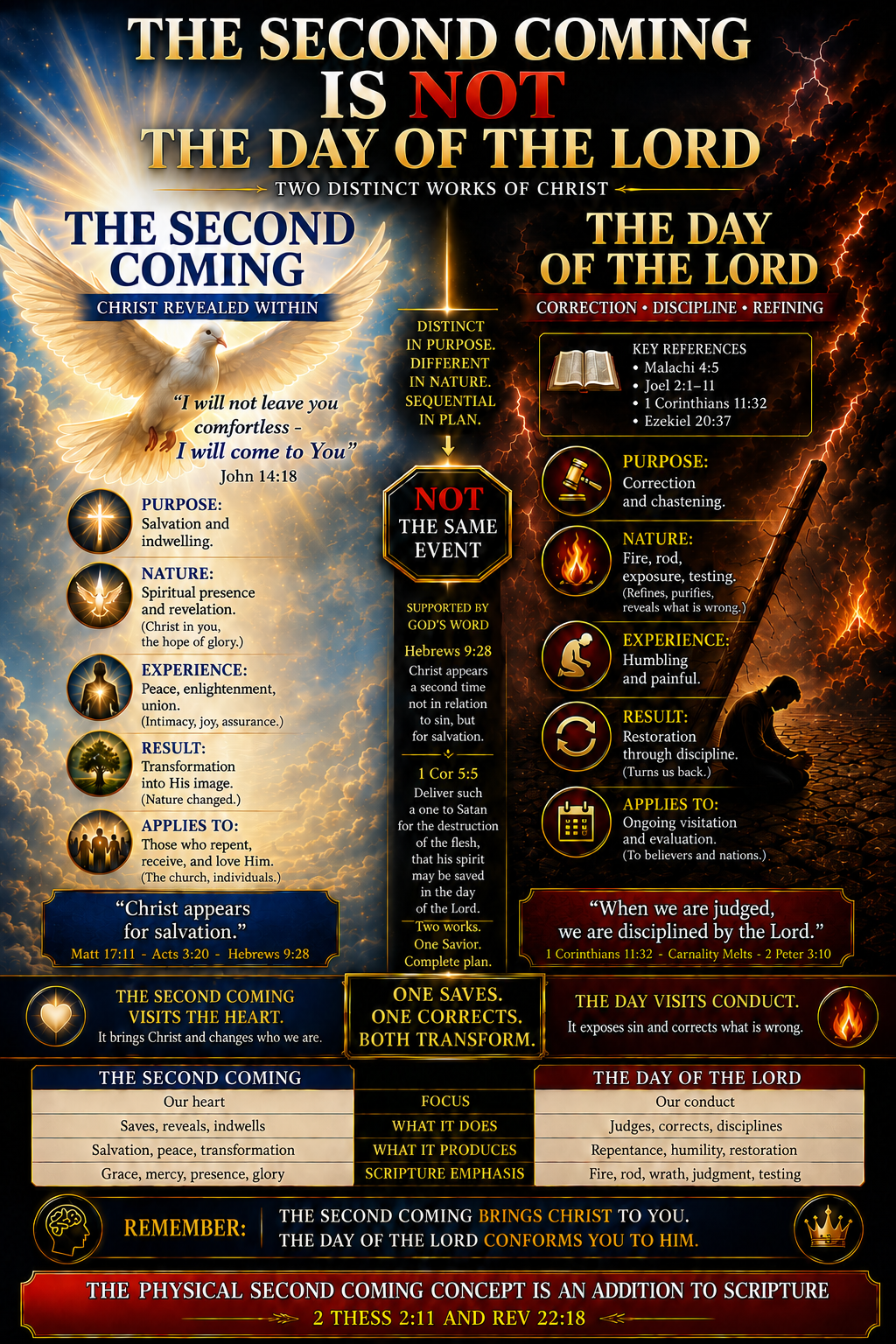 A dramatic split-panel theological infographic titled “The Second Coming Is Not the Day of the Lord.” The left side glows with radiant gold and blue light, featuring a white dove descending through clouds beneath the heading “The Second Coming — Christ Revealed Within.” It emphasizes salvation, indwelling, peace, transformation, and Christ appearing for salvation, with scripture references including Matthew 17:11, Acts 3:20, and Hebrews 9:28. The right side is dark and fiery, titled “The Day of the Lord — Correction • Discipline • Refining,” showing lightning, fire, a kneeling figure, and symbols of judgment and purification. It focuses on correction, exposure, repentance, and restoration through discipline, with references including Malachi 4:5, Joel 2, 1 Corinthians 11:32, 1 Corinthians 5:5, and 2 Peter 3:10. A central black-and-gold column declares “NOT THE SAME EVENT,” contrasting the two works as distinct in purpose and nature while affirming both as transformative works of Christ.