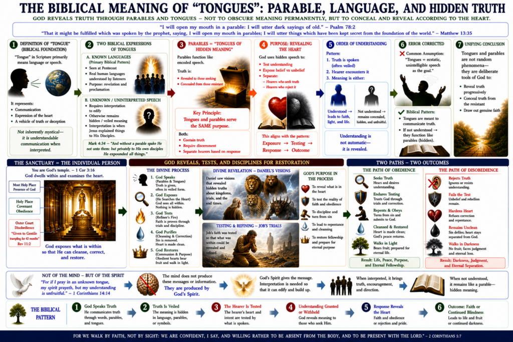 Infographic explaining the biblical meaning of tongues as language and parables, showing how God reveals truth through hidden communication, produced by His Spirit, and how obedience and disobedience affect understanding and outcome.