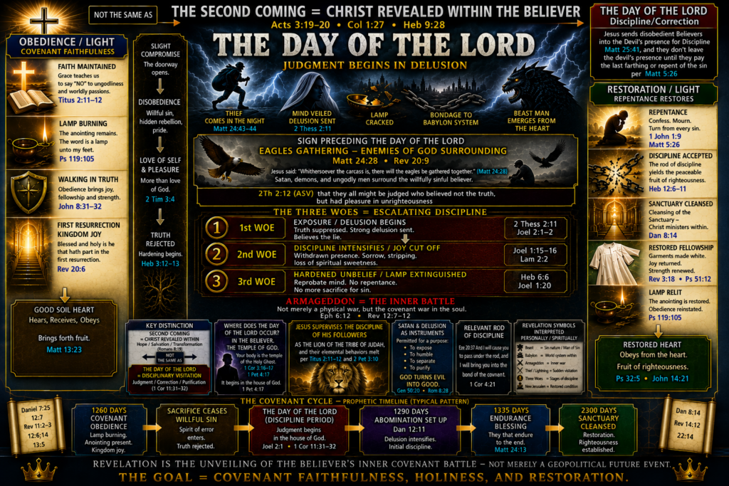 Christian prophecy infographic explaining the Day of the Lord as covenant discipline and correction within believers, featuring Matthew 24:28 eagles gathering, 2 Thessalonians 2:12 judgment for loving unrighteousness, the Three Woes, Armageddon as an inner spiritual battle, Jesus as the Lion of Judah supervising discipline, sanctuary cleansing, repentance, and restoration.