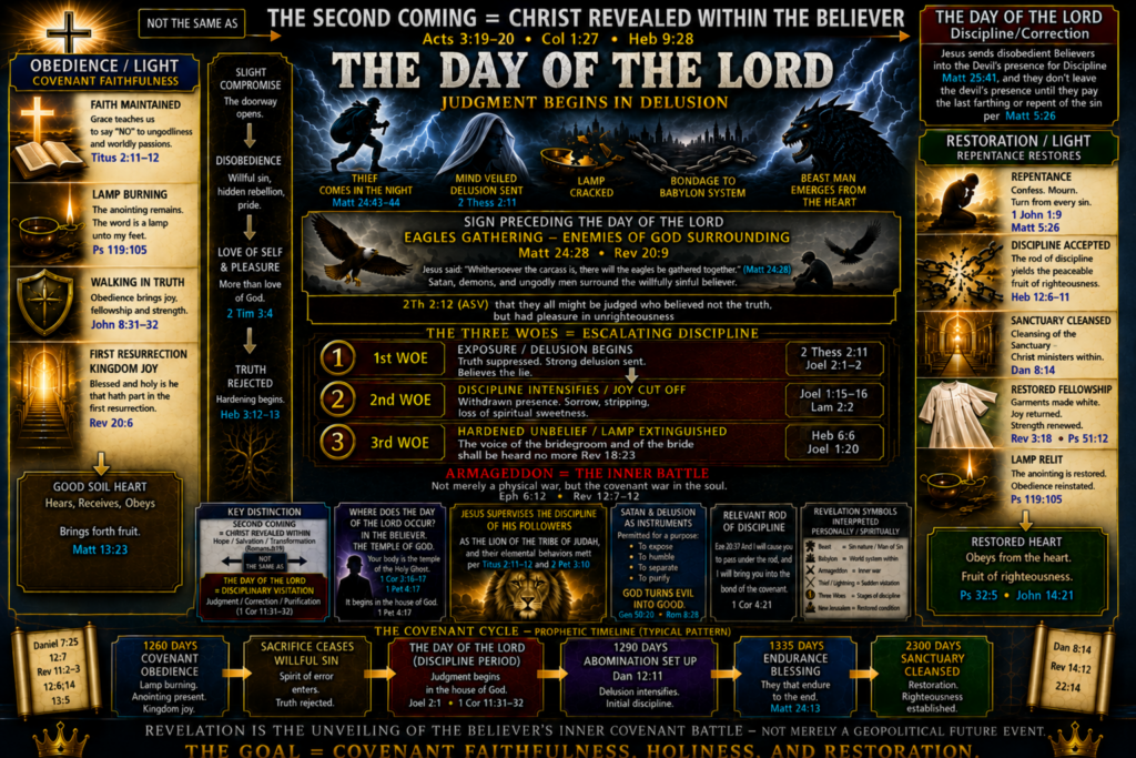 A dark, richly detailed prophetic infographic titled “The Day of the Lord” presenting a theological interpretation of judgment, covenant faithfulness, repentance, and inner spiritual warfare. The chart contrasts obedience and restoration with delusion and discipline, using dramatic imagery such as lightning, chains, eagles, lamps, a lion, a beast, and sanctuary symbolism. The center section explains “The Three Woes = Escalating Discipline,” where the 3rd Woe now includes the statement: “The voice of the bridegroom and of the bride shall be heard no more Rev 18:23.” Numerous Bible references throughout connect themes of cleansing, restoration, deception, and the believer’s inner covenant battle.