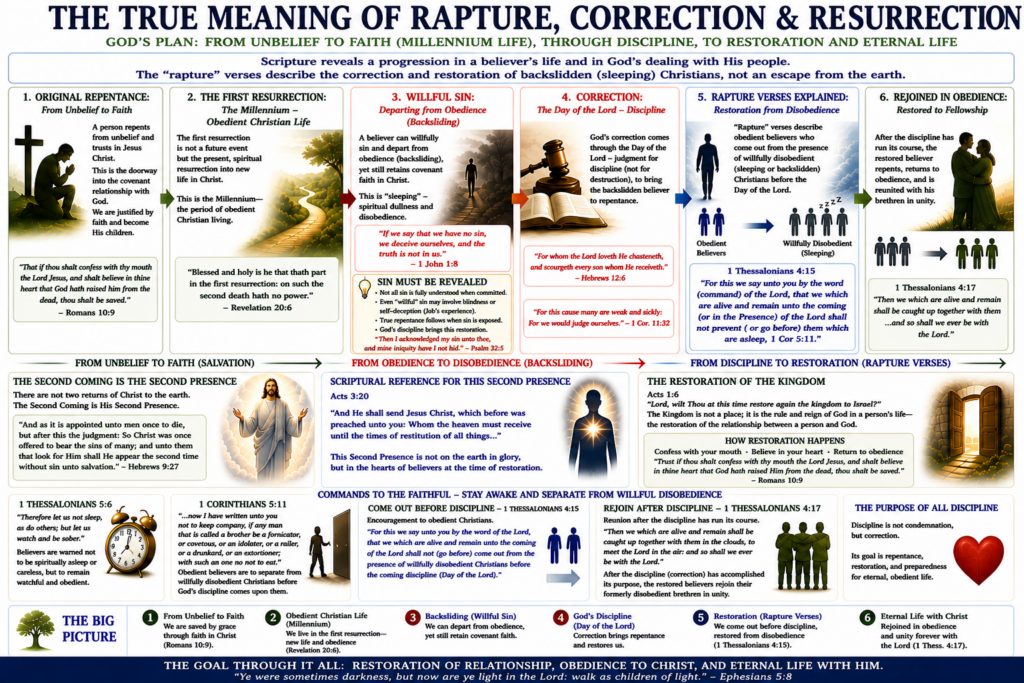 Infographic titled “The True Meaning of Rapture, Correction & Resurrection” showing a six-step biblical progression from repentance to restoration, emphasizing discipline and the correction of backslidden believers rather than escape from earth.