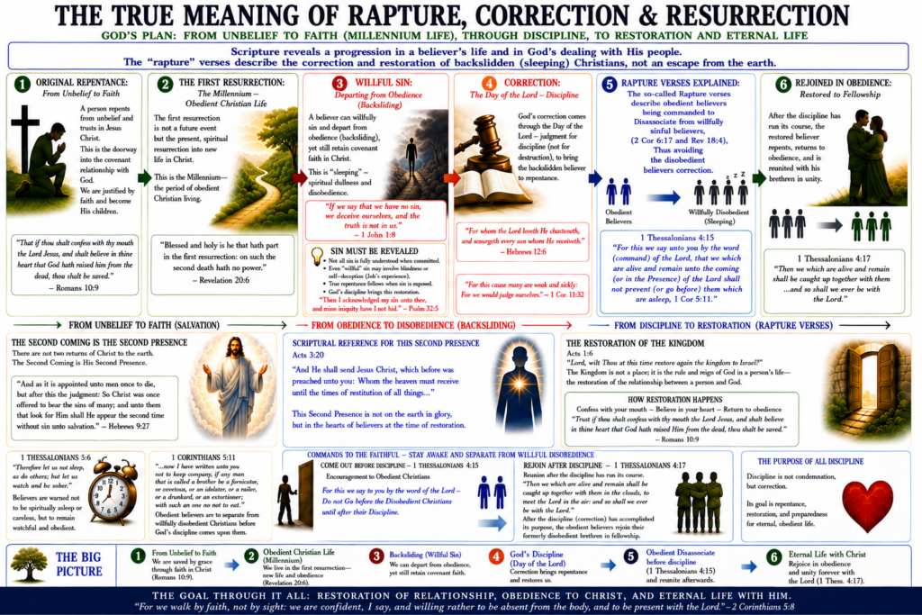 Large theological infographic titled “The True Meaning of Rapture, Correction & Resurrection.” The chart presents a progressive biblical interpretation of salvation, obedience, discipline, restoration, and eternal life. Six numbered panels explain repentance, the “first resurrection” as obedient Christian living, willful sin and backsliding, divine correction through the Day of the Lord, the meaning of rapture verses, and restoration into fellowship. Supporting illustrations include praying figures, a winding path, a judge’s gavel, symbolic groups of believers, open doors, glowing hearts, and directional arrows connecting each stage.