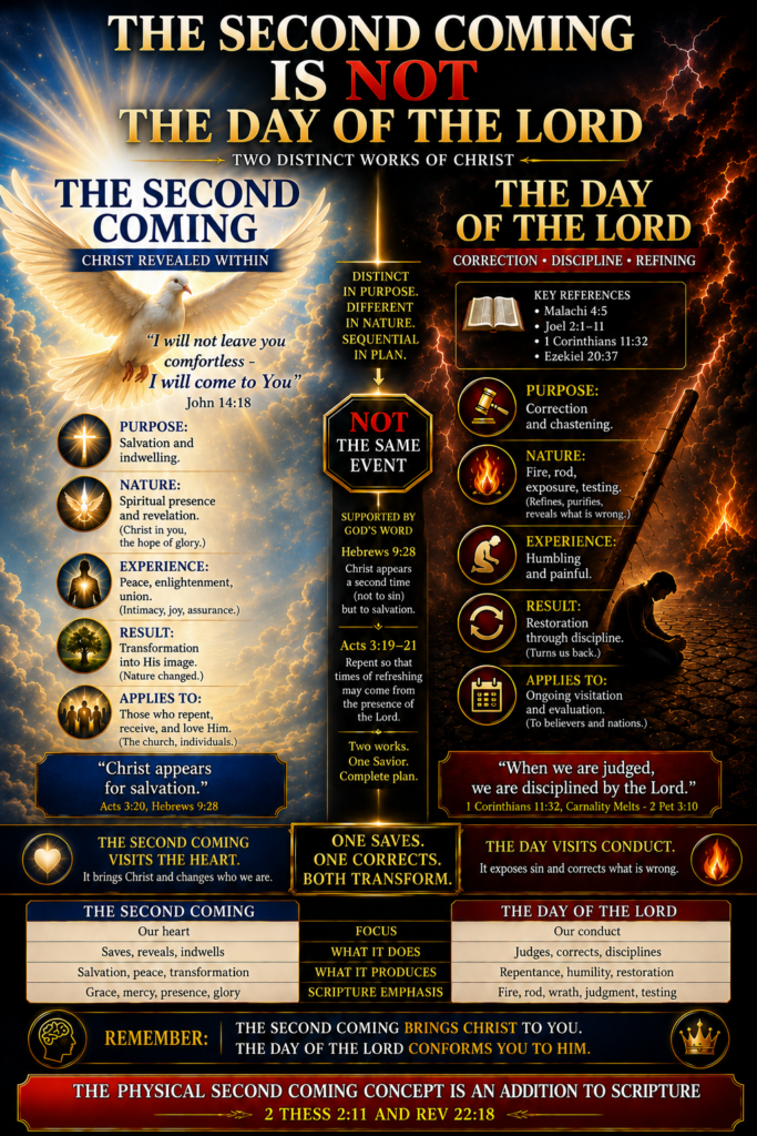A high-contrast theological infographic comparing “The Second Coming” and “The Day of the Lord” as two distinct works of Christ. The left side is illuminated in blue and gold with a dove and themes of salvation, indwelling, transformation, and Christ revealed within. The right side is dark and fiery with lightning and themes of correction, discipline, refining, and judgment. Central text states “NOT the same event,” with supporting references including Hebrews 9:28, Acts 3:20–21, 1 Corinthians 11:32, and 2 Peter 3:10.