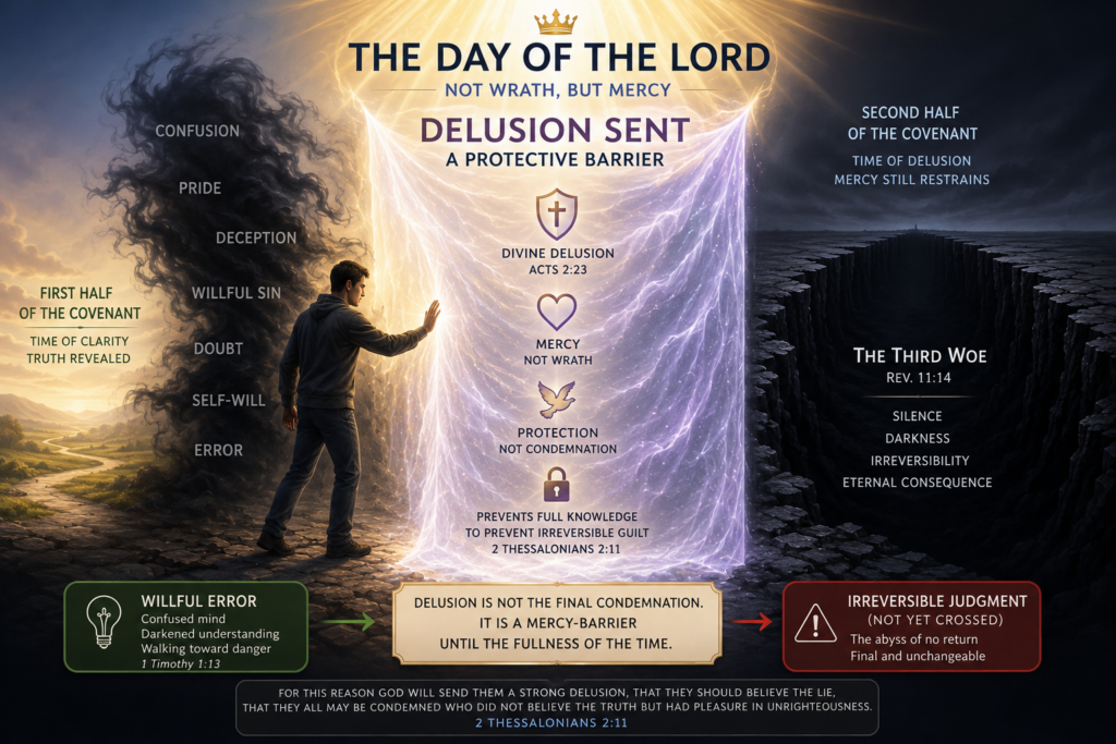 A man stands before a glowing barrier of light that protects him from a dark abyss, symbolizing the Day of the Lord as a merciful delusion that prevents irreversible judgment.