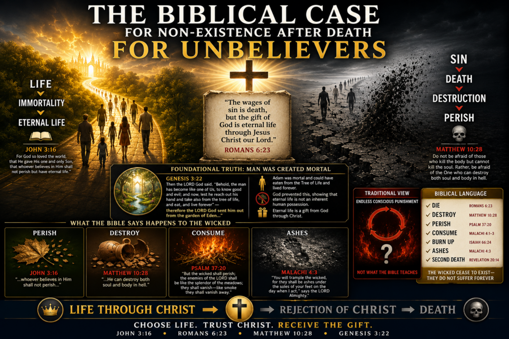 Infographic contrasting eternal life through Christ with death and destruction for unbelievers. The image features Romans 6:23 at the center, Genesis 3:22 as the foundational premise, a bright path leading to eternal life, and a dark path ending in destruction and perishing.
