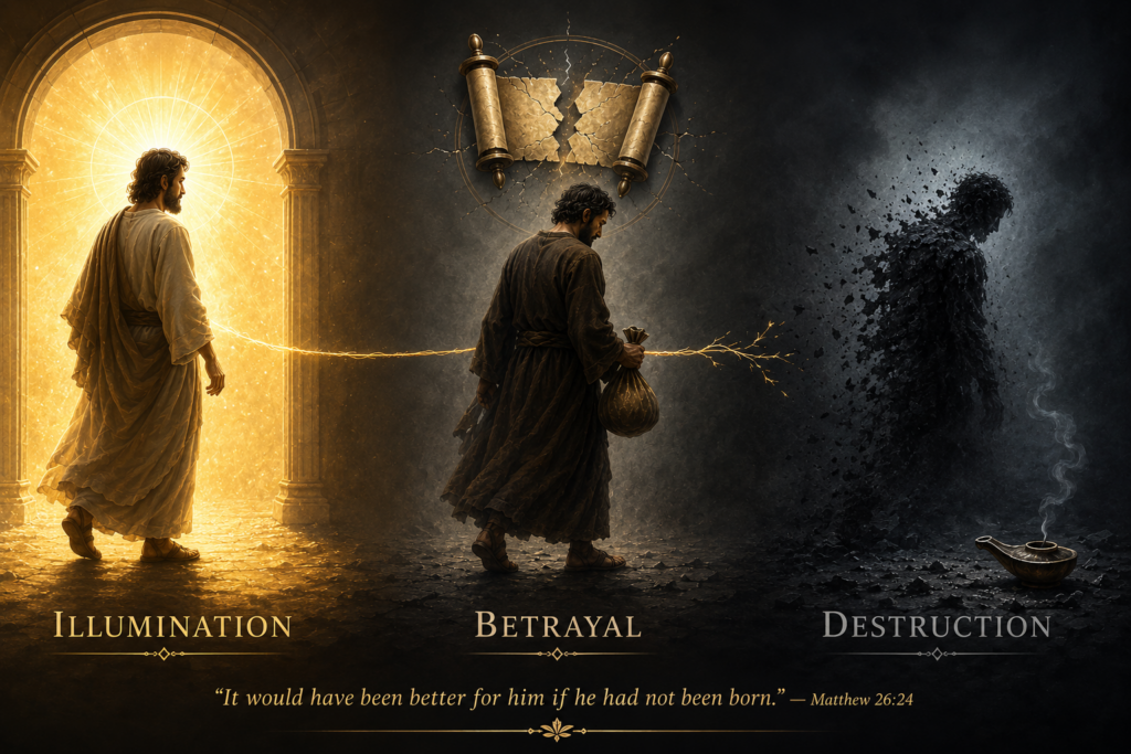 Symbolic three‑stage illustration showing Judas moving from illumination to betrayal to destruction, ending with the Matthew 26:24 warning.