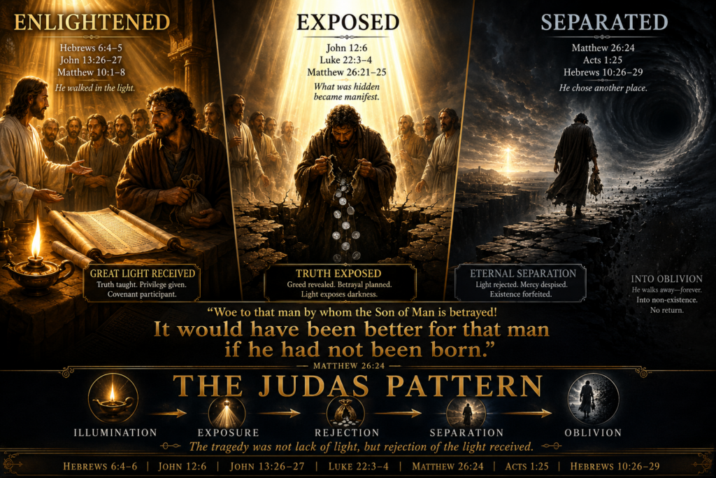 Diagram showing the spiritual progression of Judas Iscariot from enlightenment to separation, illustrating the stages of receiving light, being exposed, rejecting truth, and entering non‑existence.