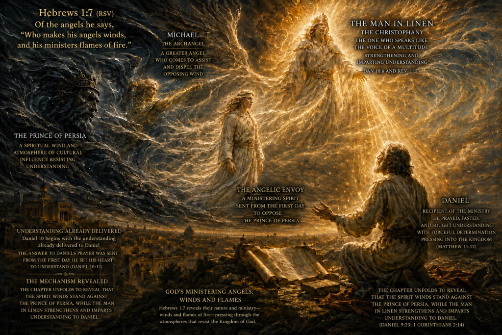Theological illustration of Daniel 10 showing the Man in Linen strengthening Daniel while an angelic envoy and Michael oppose the Prince of Persia. The artwork depicts God's ministering angels as winds and flames of fire (Hebrews 1:7), emphasizing that spiritual opposition delays understanding while Christ imparts revelation.