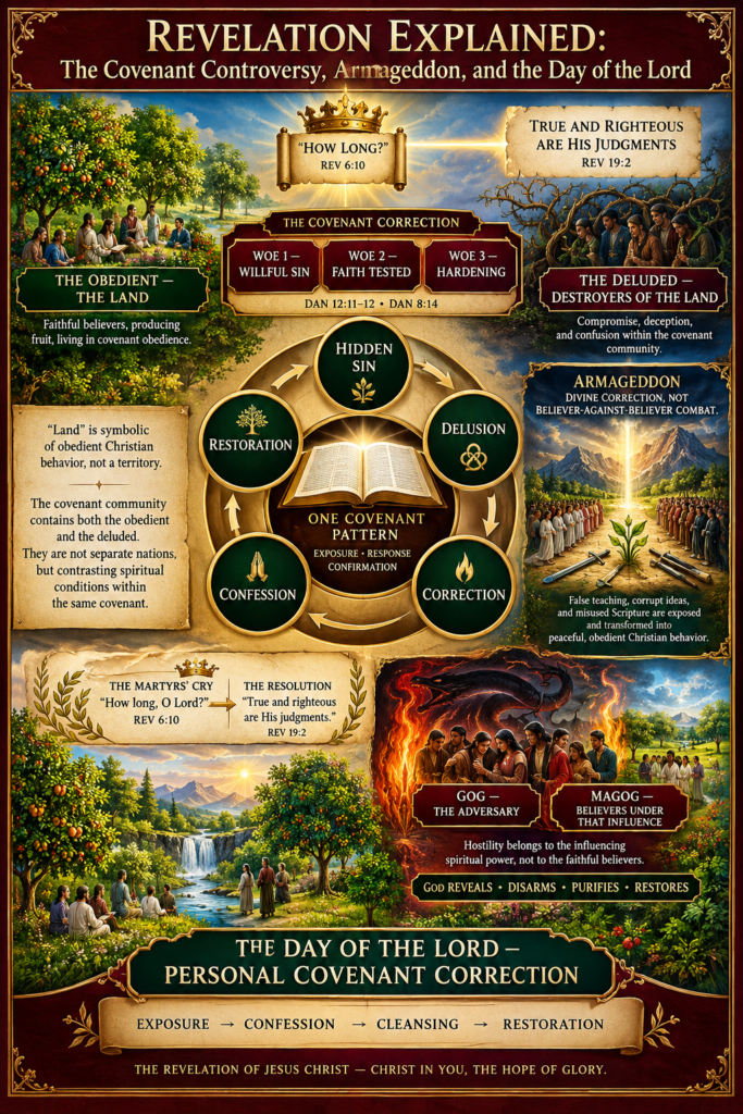 Revelation explained as a covenant pattern of exposure, response, correction, confession, cleansing, and restoration, depicting the covenant controversy, Armageddon, Gog and Magog, and the Day of the Lord.
