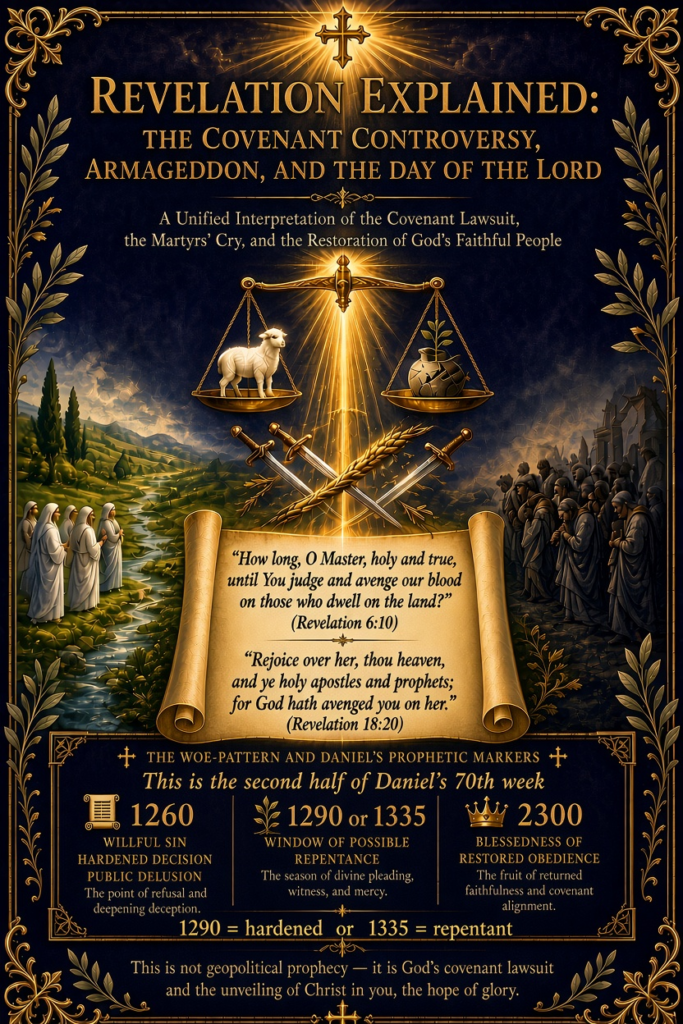 Illustrated image explaining Revelation’s covenant controversy, Armageddon, and the Day of the Lord with scripture from Revelation 6:10 and 18:20 and Daniel’s prophetic markers