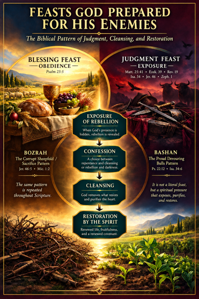 Biblical feast imagery contrasting blessing and judgment, showing exposure, confession, cleansing, and restoration by the Spirit.