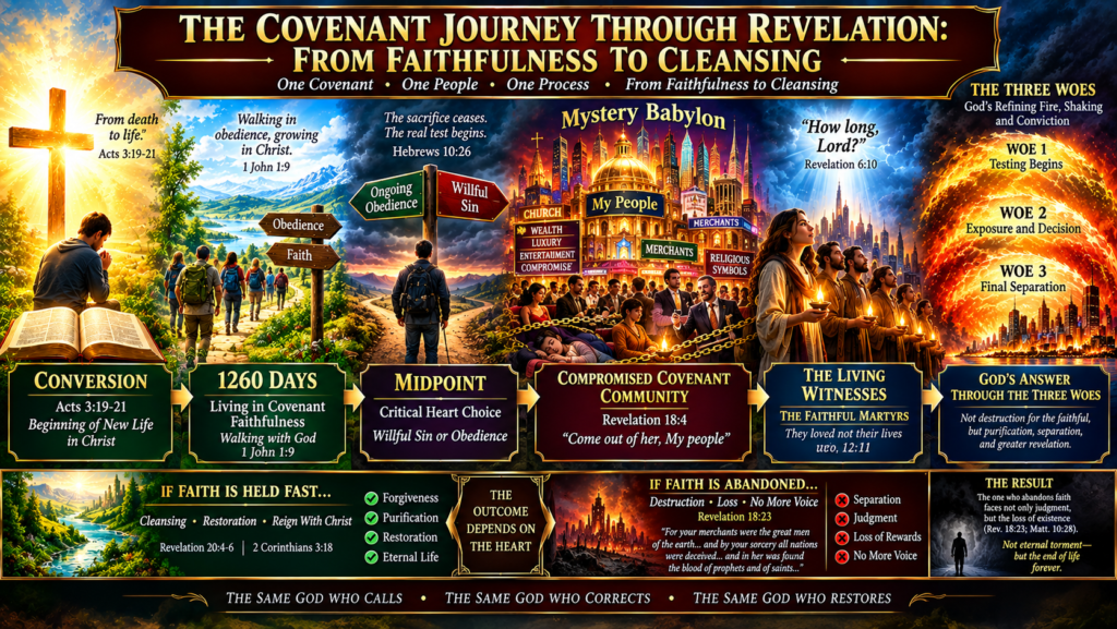 A prophetic infographic illustrating the covenant journey through Revelation, showing faithfulness, conflict, choice of yoke, Babylonian compromise, the faithful witnesses, God's answer through the three woes, and the final cleansing of God's covenant people.